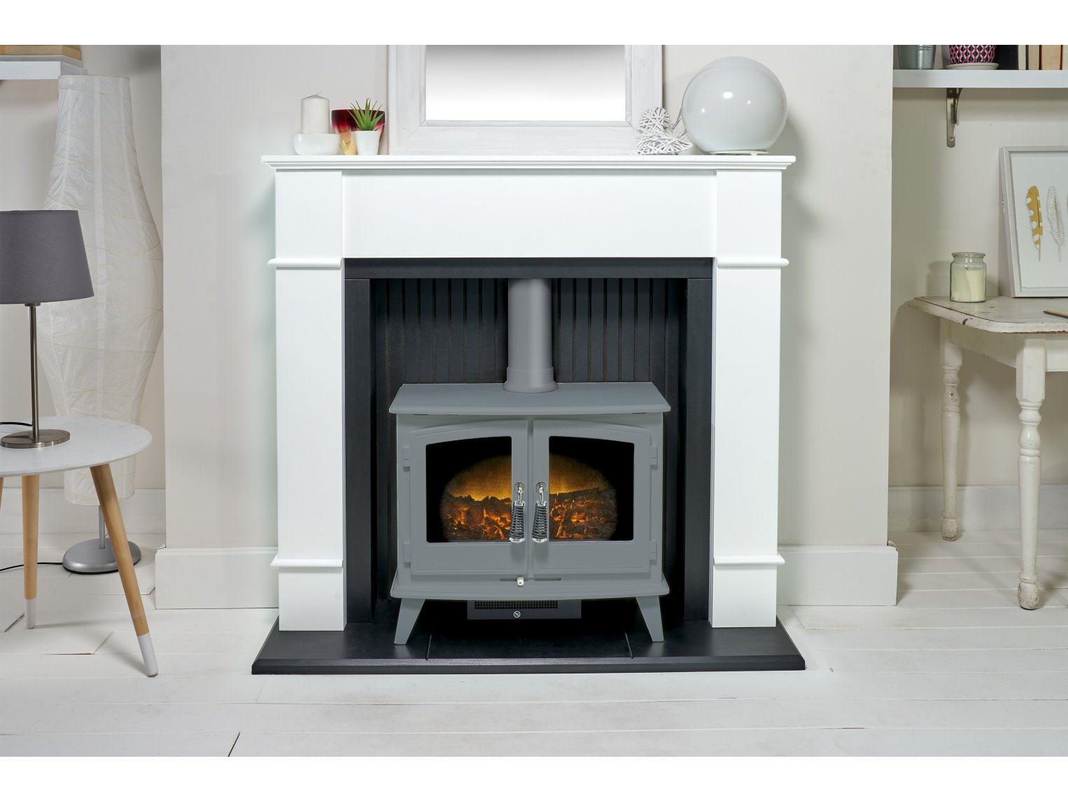 Adam Oxford Stove Suite Pure White + Woodhouse Electric Stove Grey, 48"