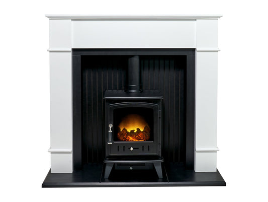 Adam Oxford Stove Suite in Pure White with Aviemore Electric Stove in Black, 48 Inch