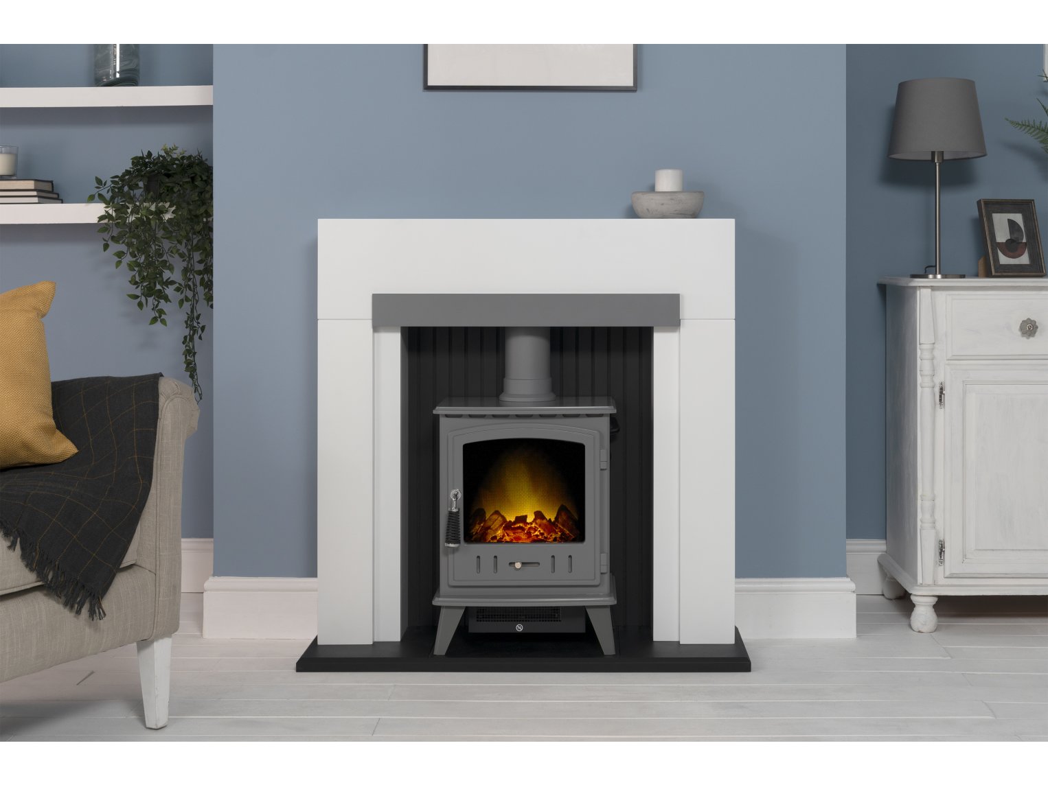 Adam Salzburg Pure White & Grey + Aviemore Electric Stove Grey Enamel, 39"