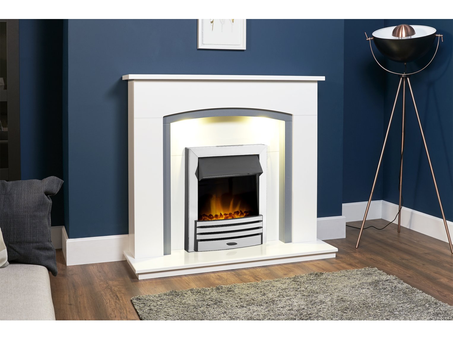 Adam Savanna Fireplace Pure White & Grey + Eclipse Electric Fire Chrome, 48"