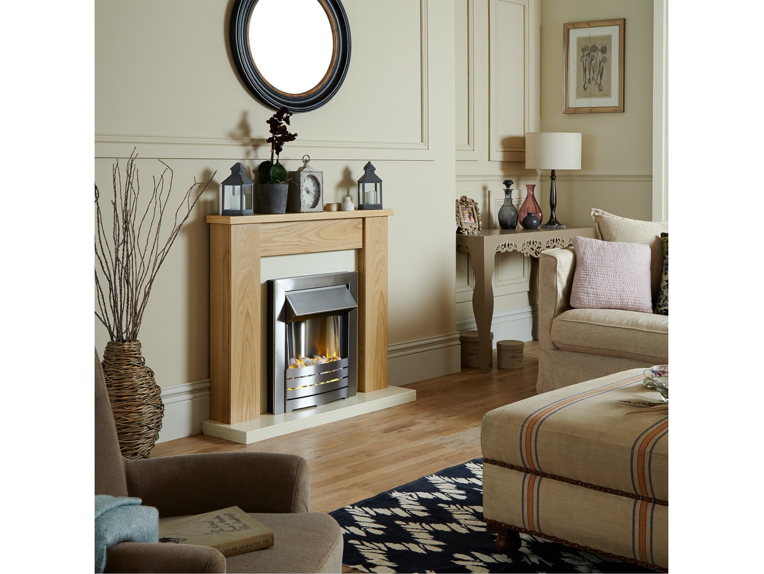Adam Solus Fireplace Suite Oak + Helios Electric Fire Brushed Steel, 39"