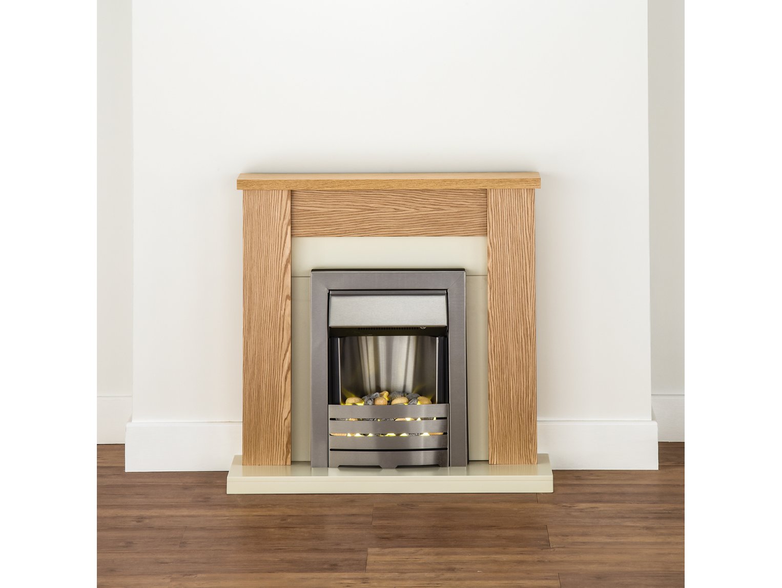 Adam Solus Fireplace Suite Oak + Helios Electric Fire Brushed Steel, 39"