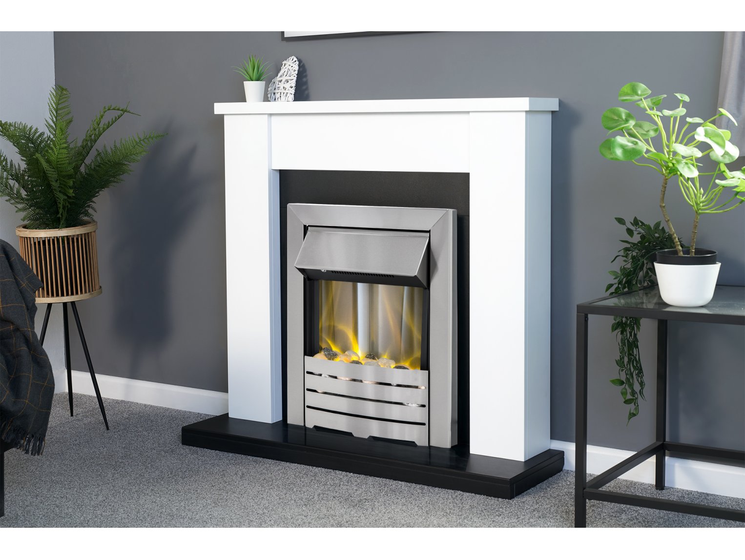 Adam Solus Fireplace Suite Black and White + Helios Electric Fire Brushed Steel, 39"