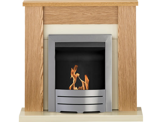 Adam Solus Fireplace Suite in Oak with Colorado Bio Ethanol Fire in Brushed Steel, 39 Inch