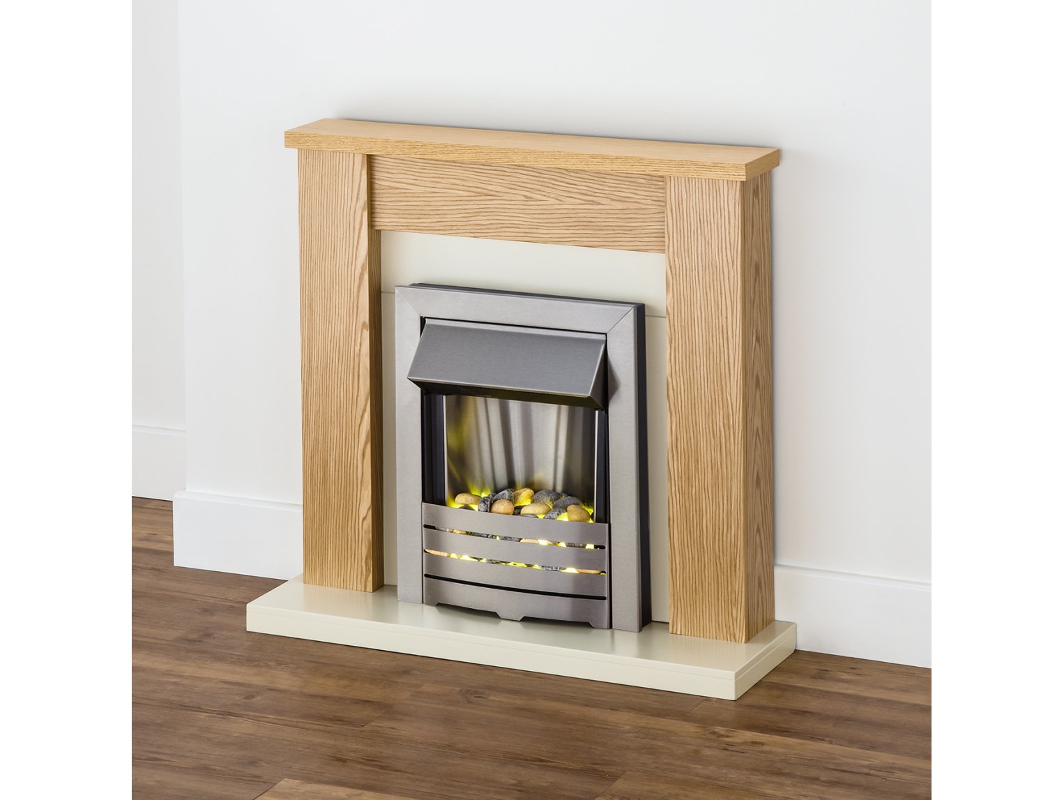 Adam Solus Fireplace Suite Oak + Helios Electric Fire Brushed Steel, 39"