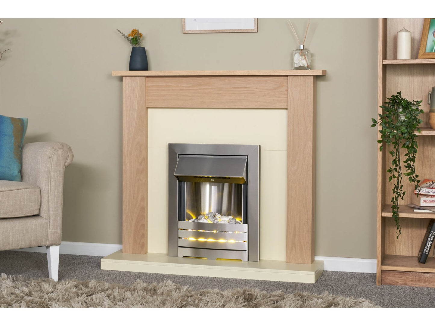 Adam Southwold Fireplace Oak & Cream + Helios Electric Fire Brushed Steel, 43"