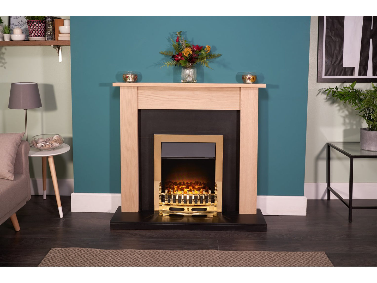 Adam Southwold Fireplace  Oak & Black + Blenheim Electric Fire Brass, 43"