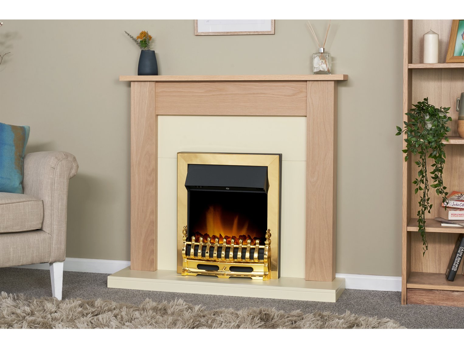 Adam Southwold Fireplace Oak & Cream + Blenheim Electric Fire Brass, 43"