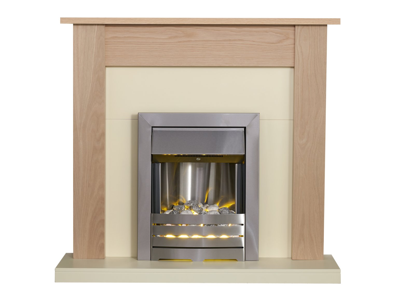 Adam Southwold Fireplace in Oak & Cream with Helios Electric Fire in Brushed Steel, 43 Inch