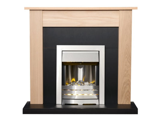 Adam Southwold Fireplace Oak & Black + Helios Electric Fire Brushed Steel, 43"