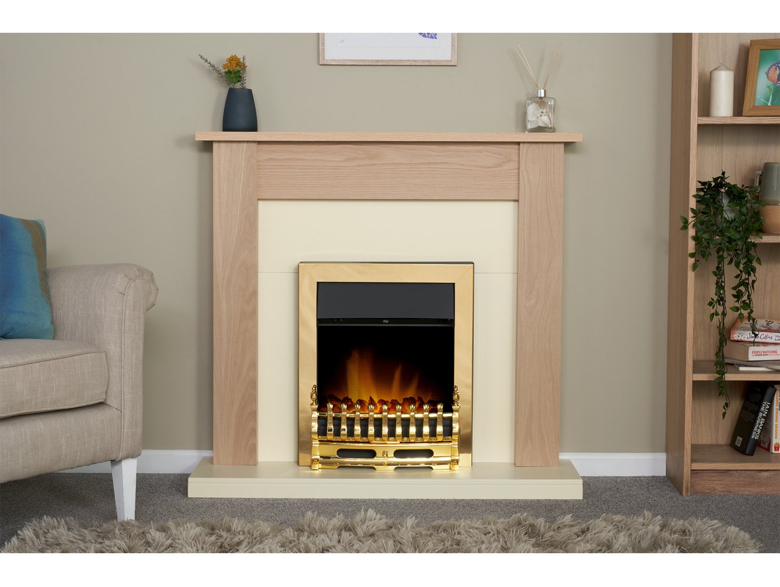 Adam Southwold Fireplace Oak & Cream + Blenheim Electric Fire Brass, 43"