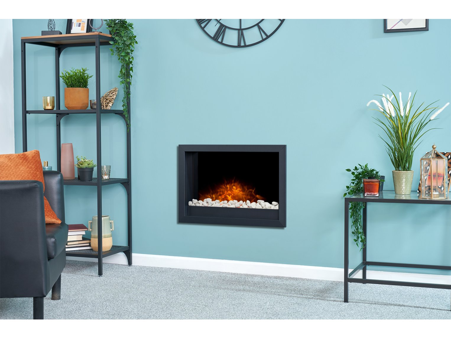 Adam Toronto Electric Wall Inset Fire + Pebbles & Remote Control Black