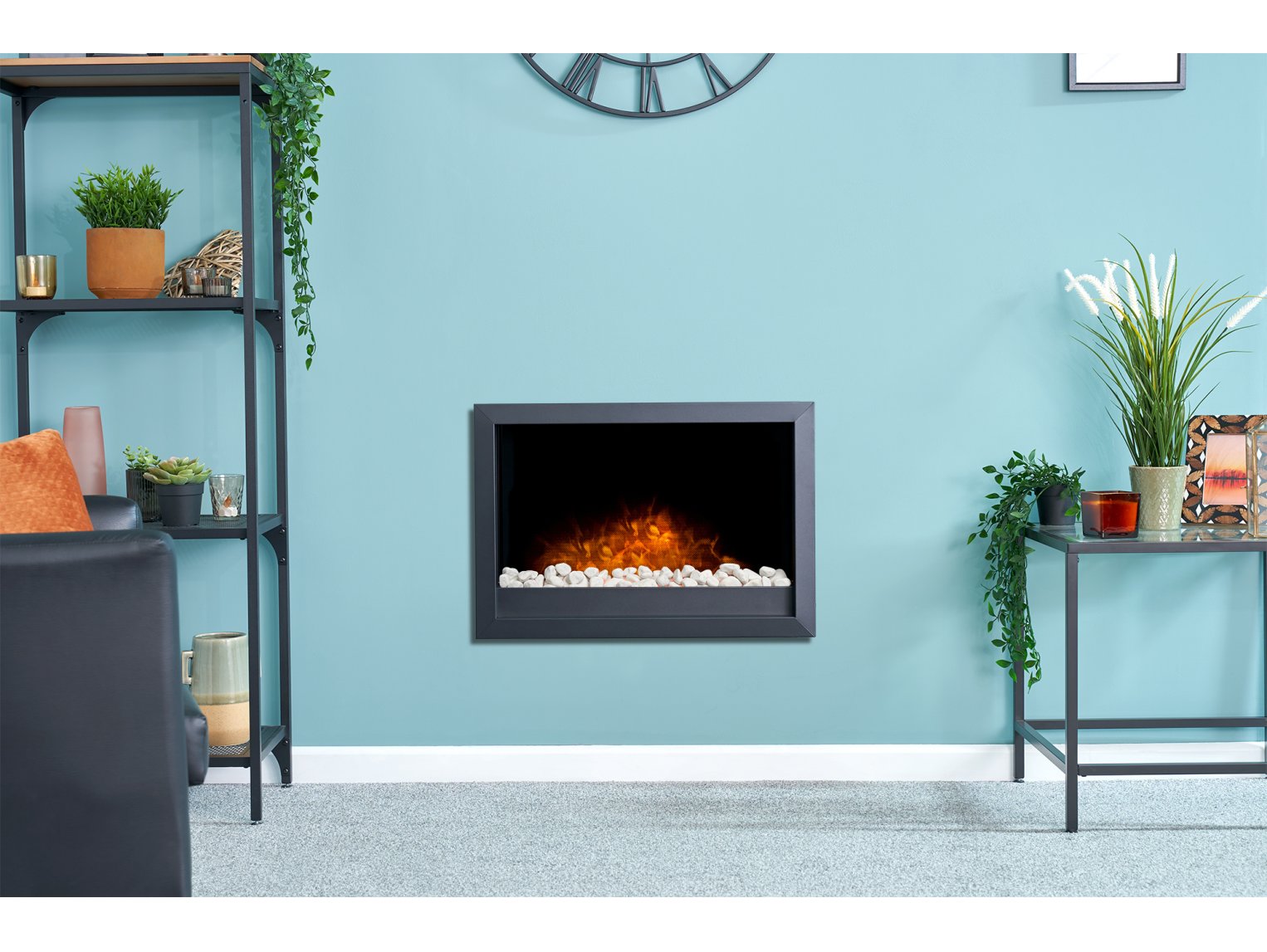 Adam Toronto Electric Wall Inset Fire + Pebbles & Remote Control Black