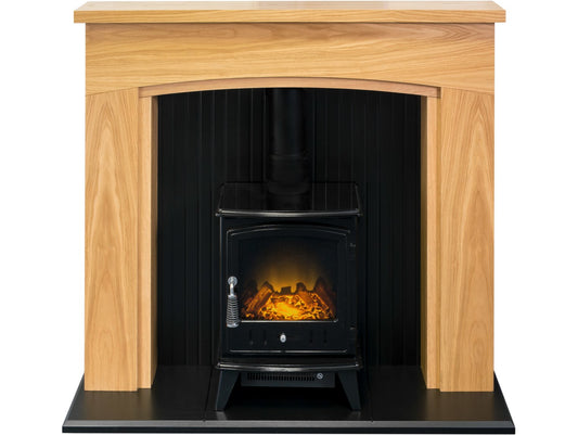 Adam Turin Stove Suite in Oak & Black with Aviemore Electric Stove in Black Enamel 48 Inch