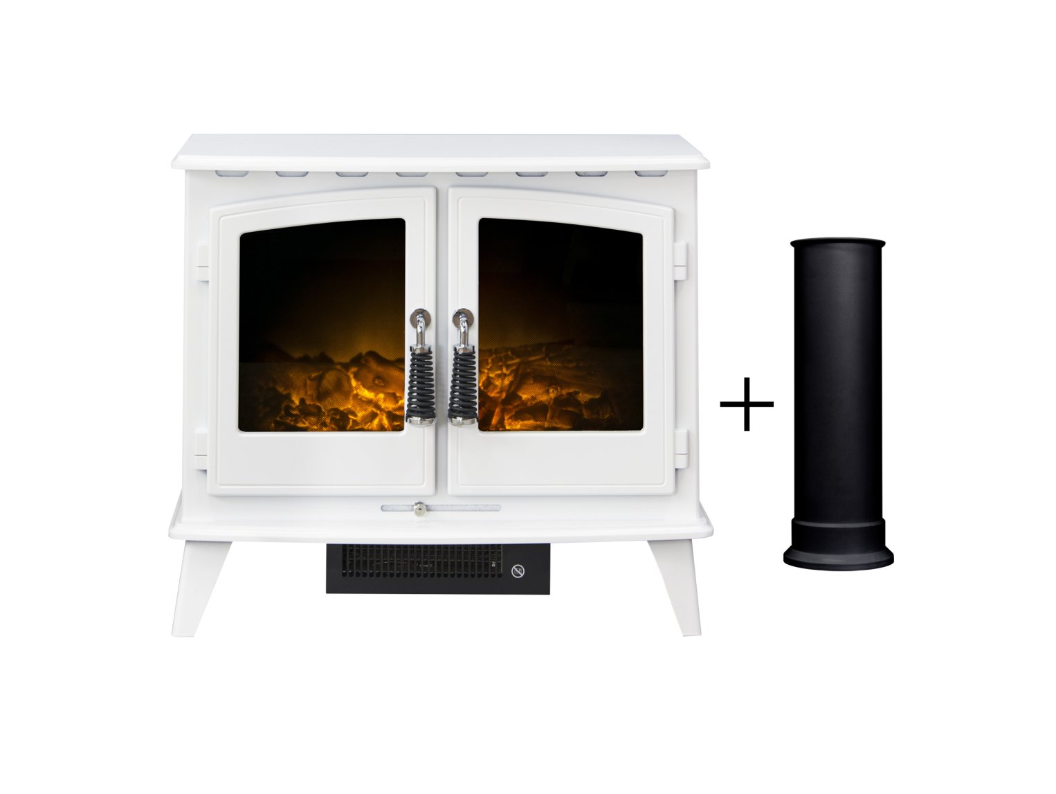 Adam Woodhouse Electric Stove in Pure White with Straight Stove Pipe in Black