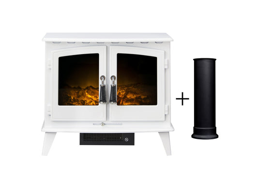 Adam Woodhouse Electric Stove in Pure White with Straight Stove Pipe in Black