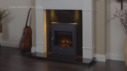 Adam Genoa Fireplace in Pure White & Grey with Downlights & Oslo Electric Inset Stove in Black, 48 Inch