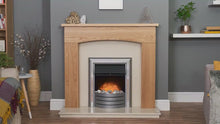 Load and play video in Gallery viewer, Adam Chessington Fireplace Suite Oak + Lynx 3-in1 Electric Fire Chrome, 48&quot;
